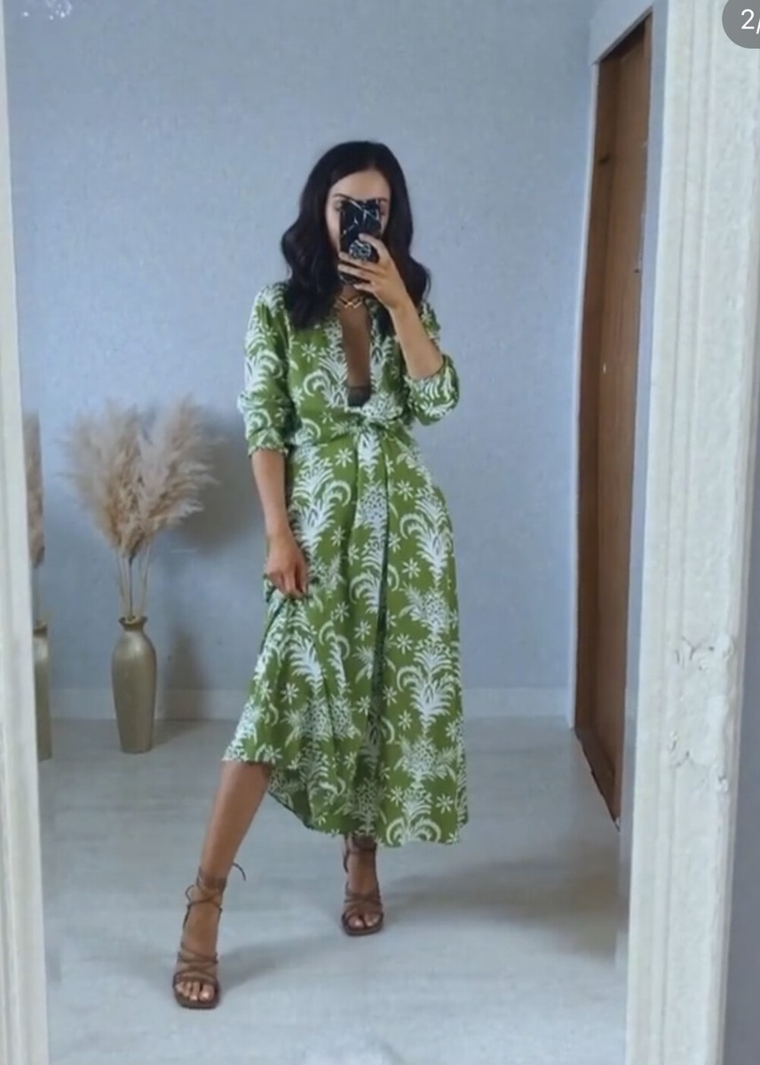 zara printed midi dress green ZARA NWT WOMAN MIDI BELTED PRINTED SHIRT DRESS FLOWY GREEN | 2492/161 SIZE  S
