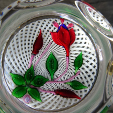 1976 Saint Louis Faceted Crystal Paperweight Lampwork Fuschia Flower Latticino