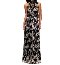 Betsy Adam Black Gold Metallic Floral Sheath Gown Women's 14 Black/Gold NWT