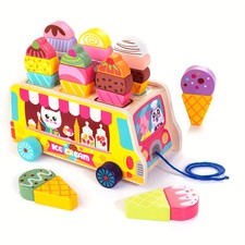 Wooden Ice Cream Truck, 24 pieces Magnetic Ice Cream Machine Set