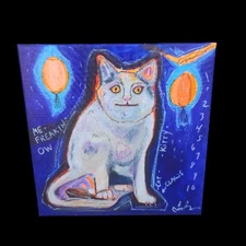 Whimsical Glowing Cat 12 X 12 Contemporary Pop Art Acrylic Painting Signed Meow