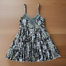 FREE PEOPLE XS Western Royalty Gray Floral Beaded Tiered Fit Flare Sundress