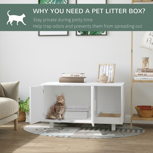Indoor Feline Cat Box Furniture Kitty Table w/ Scratch & Magnetic Doors, White - Picture 6 of 11