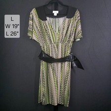 Chesley Dress L Green Black White Geometric Circles Midi Short Sleeve Made USA