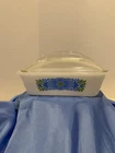 Vintage Blue Green Floral Print Glasbake Casserole Dish Milk Glass 2qt 10”