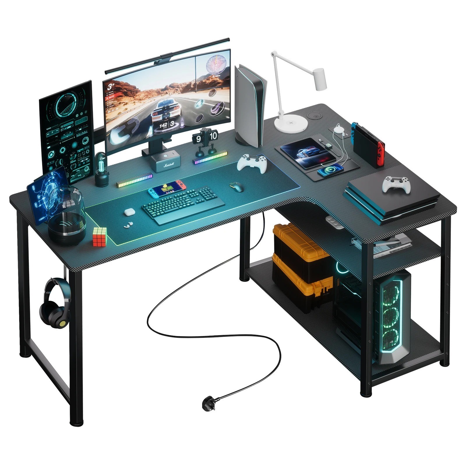 L-Shaped Gaming Desk Power Outlet Corner Shelves Hook