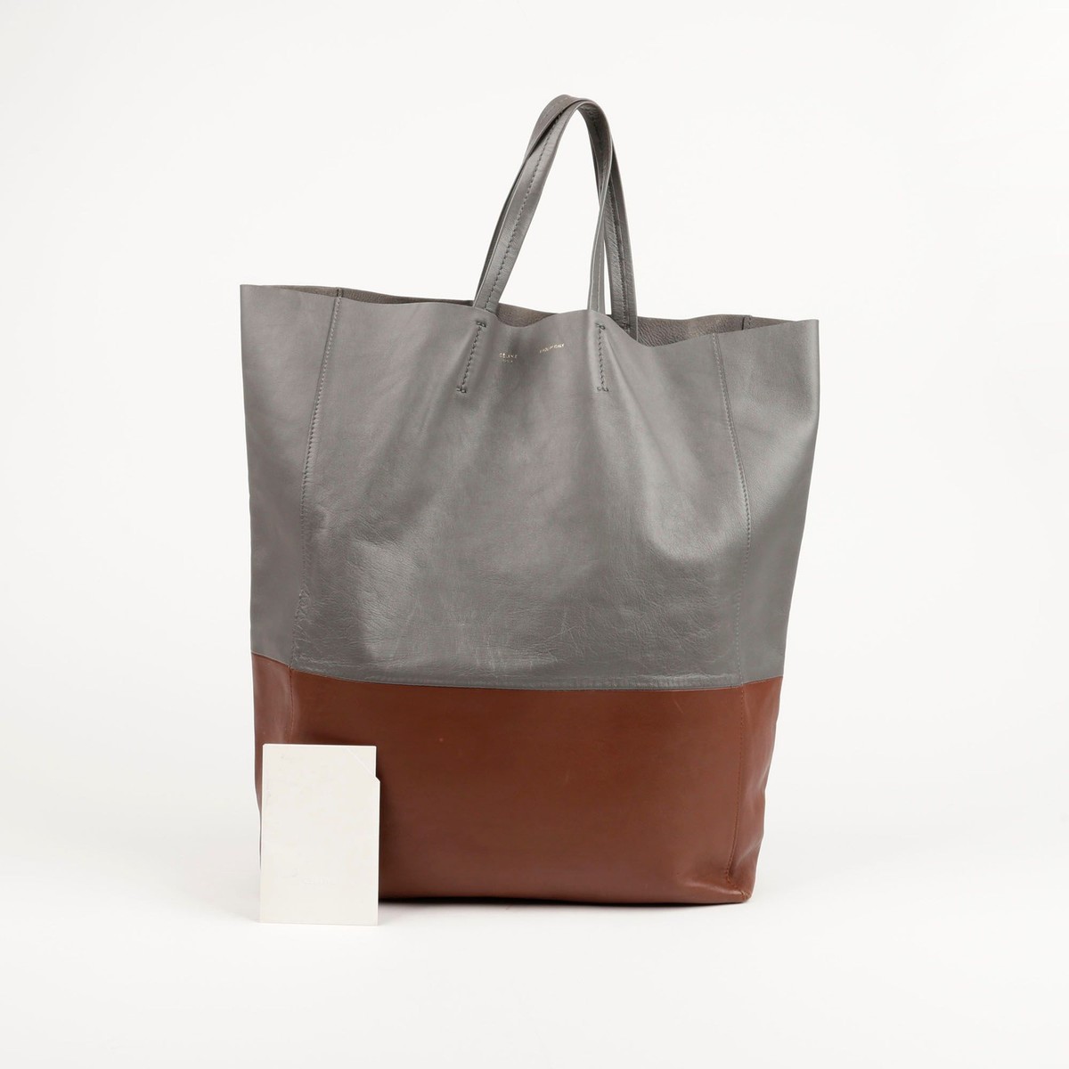 Celine Gray Brown Two-Tone Leather Vertical Cabas Tote Bag