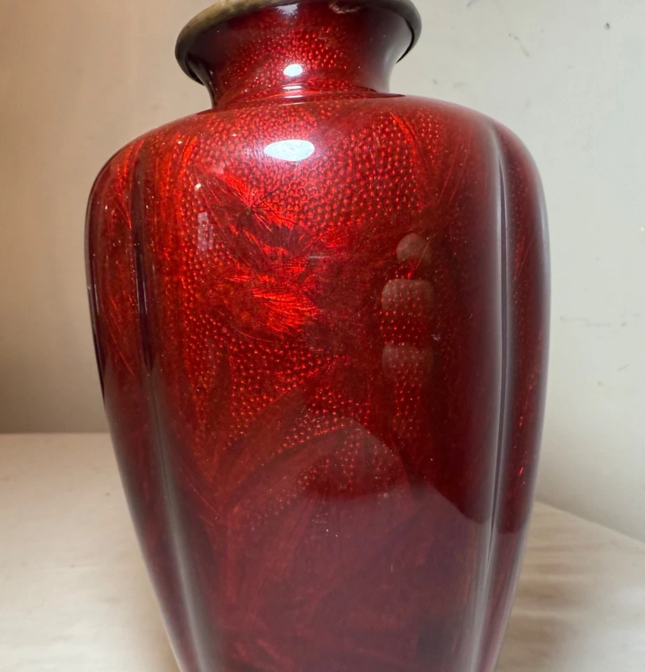 Jarrón antiguo japonés Ginbari lámina roja esmalte pájaro bambú bronce guilloche asiático Foto 4 de 4