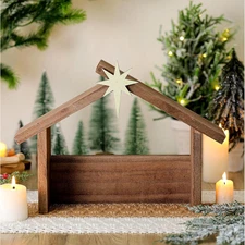 Christmas Wooden Nativity Manger Wood Nativity Scene with Roof Star 14.5 X