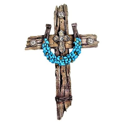 AMAJY Rustic Drifted Wood Look Wall Cross with Turquoise Decor Horseshoe Spir...