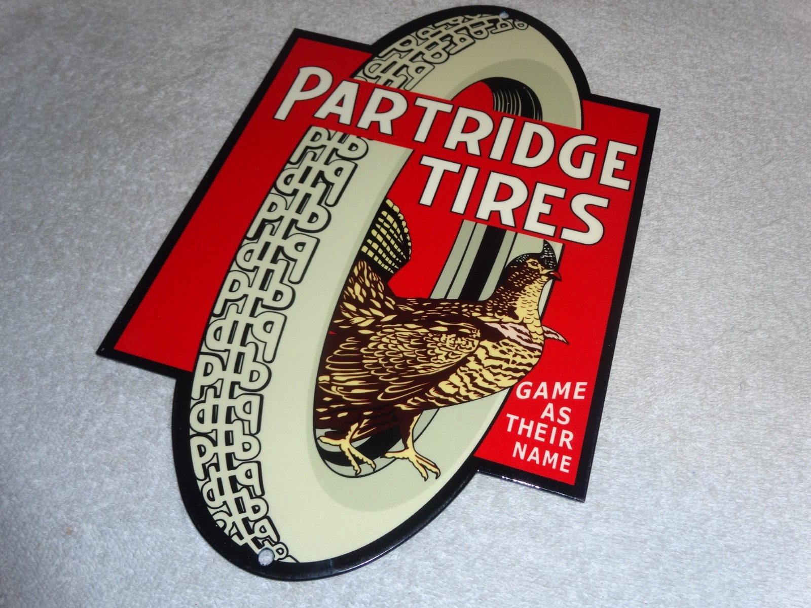 VINTAGE "PARTRIDGE TIRES" W/ HEN / ROOSTER 12" METAL TIRE GAME GASOLINE OIL SIGN