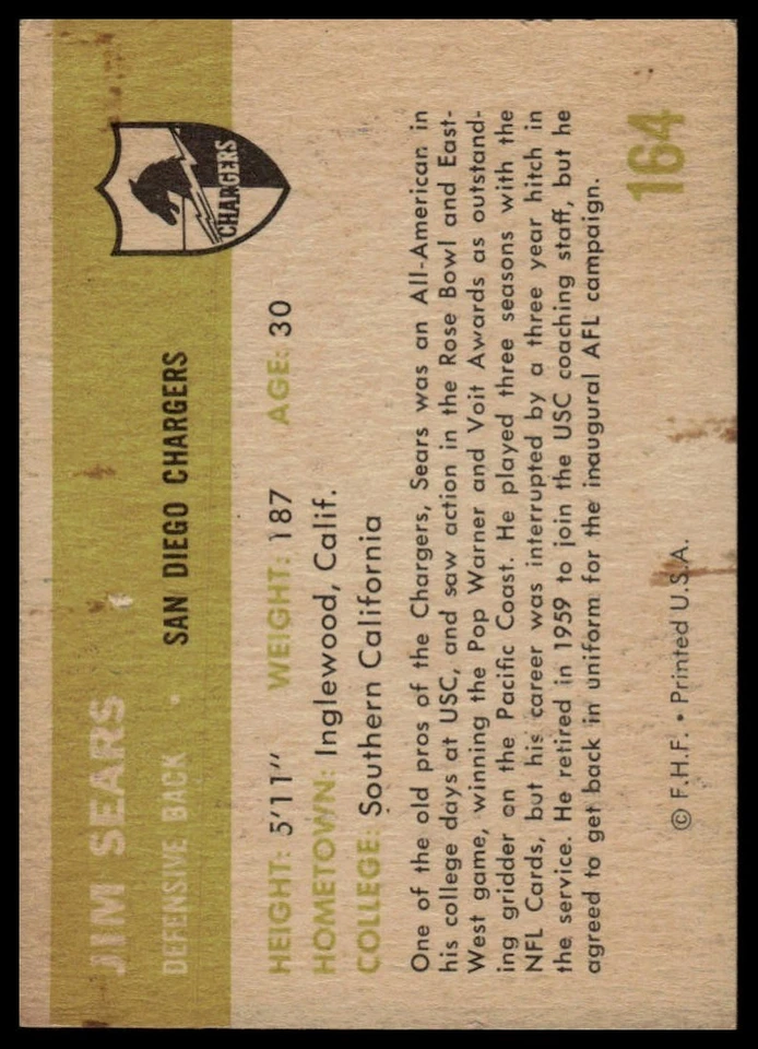 1961 Fleer #164 Jim Sears - Image 2 of 2