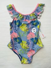 NWT Dot & Zazz Girl Swim XS 4/5 Bathing suit 1pc Ruffle Striped Floral UPF 50