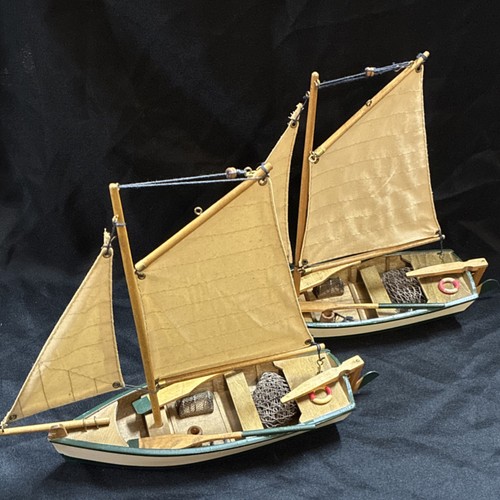 Wooden Sailboat Ship Models Pair with Nets and Fishing Accessories Collectible