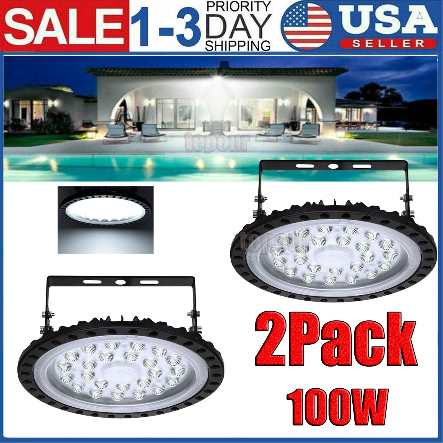 2 PACK  Warehouse LED 100W Watt UFO High Bay Lights Factory Shop GYM Light Lamp