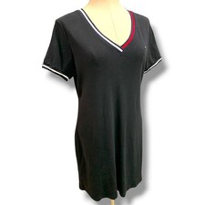 Large Tommy Hilfiger Black Tshirt V-Neck Dress Red White Trim