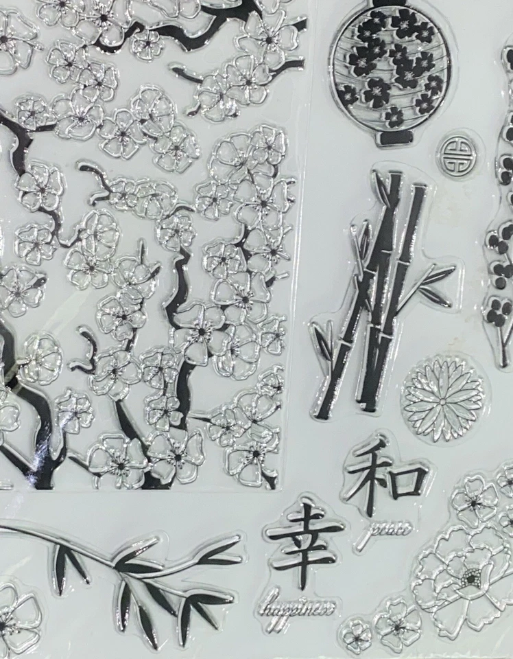 Juego de 12 sellos transparentes FISKARS de bambú linterna flores de cerezo de inspiración asiática nuevo Foto 4 de 4