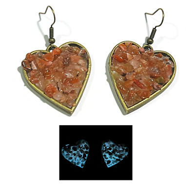 Crushed Red Agate Gemstone Glow in the Dark Heart Earrings