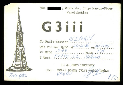 QSL Card Radio UK G3III 1986 Whatcote Warwickshire op Greg Lovelock ≠ B530 - Picture 1 of 2
