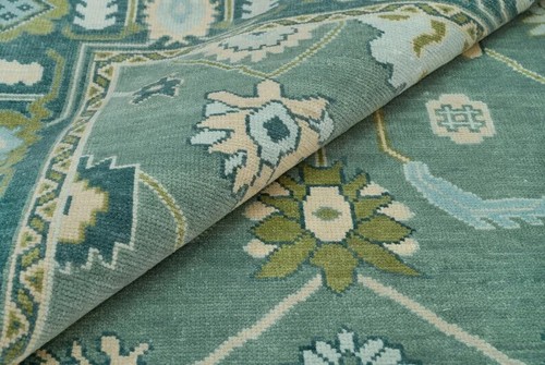 Hand-Knotted Green Blue Oushak Rug - Modern Turkish Carpet with Olive & Beige - Picture 2 of 7