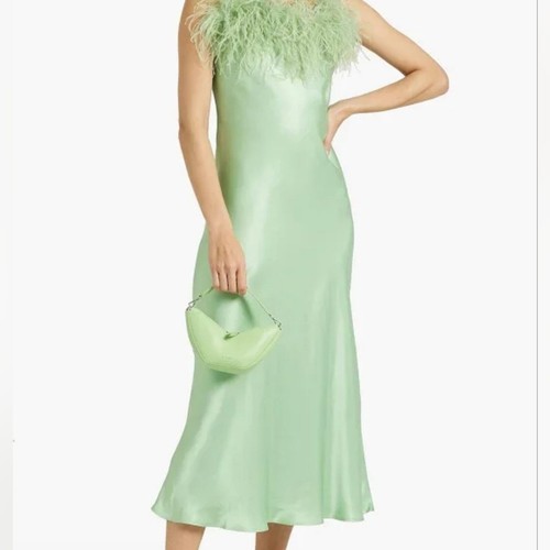 Sleeper Boheme Slip Midi Dress Women Ostrich Feathers In Mint Boho Preppy Size L - Picture 10 of 11