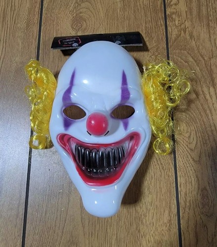 Scary Clown Mask White Plastic with Red Nose and Yellow Hair 7 in x 9 1/4 in