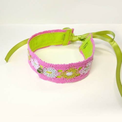 COLLANA GIROCOLLO rosa verde vintage pizzo - nuova + fatta a mano - boho, fiocco cravatte nastro - Foto 8 di 12