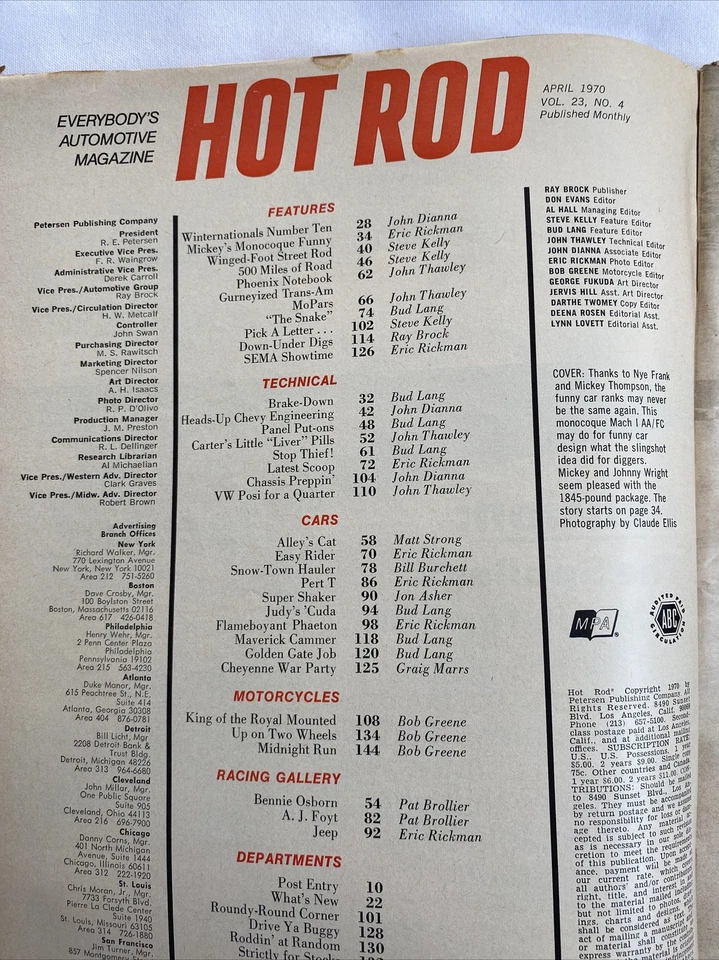 1970 April Hot Rod Magazine AHEA & NHRA Winter nationals (CP163) - Image 2 of 3