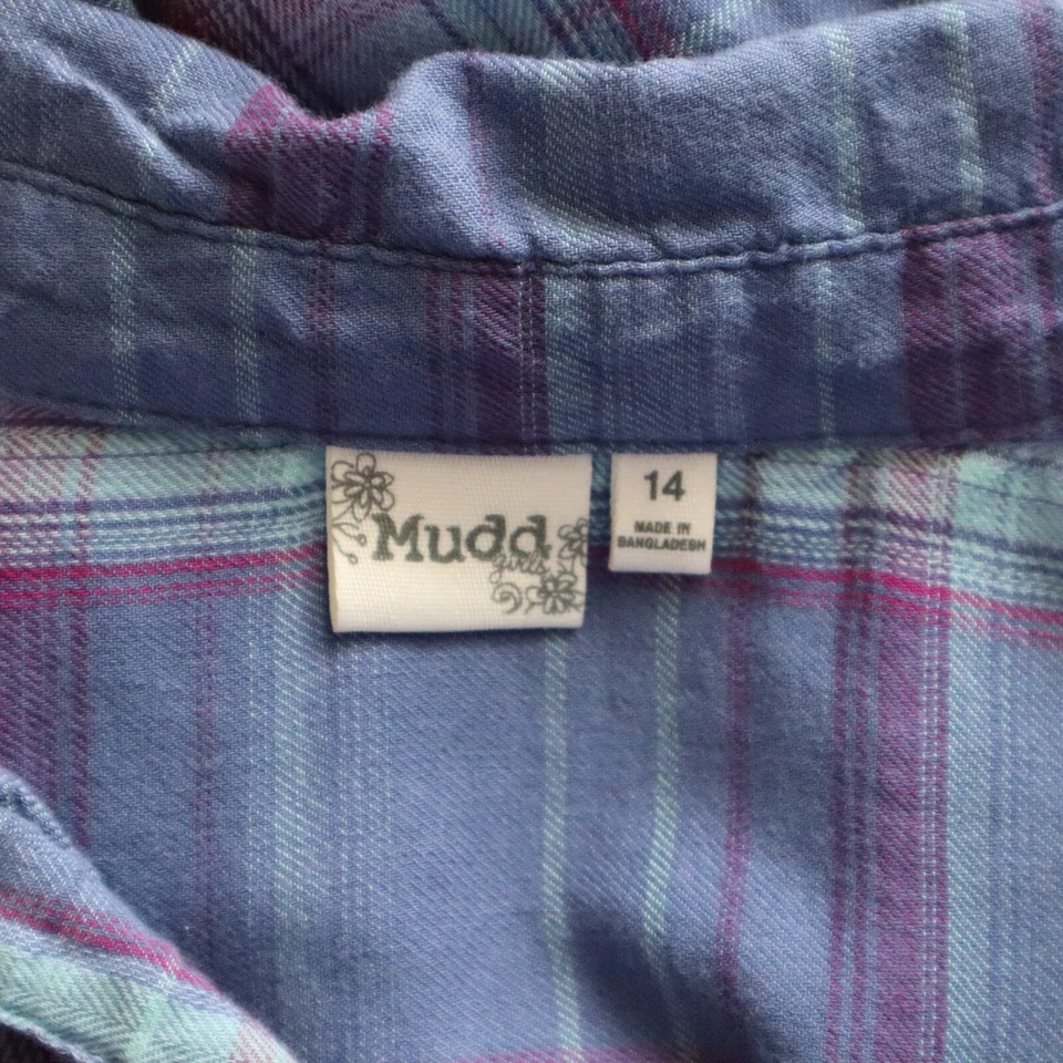 Camisa Mudd Top Niñas 14 Informal Bolsillo Cuello en V Cuello Azul Cuadros Manga Larga Foto 4 de 4