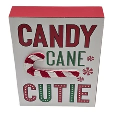 New Christmas Candy Cane Cutie Box Sign Tabletop Plaque Shelf Decor Red White