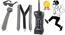 Ska Two Tone Kit Braces Tie Glasses & Phone Adult Unisex 1980's Fancy Dress Set