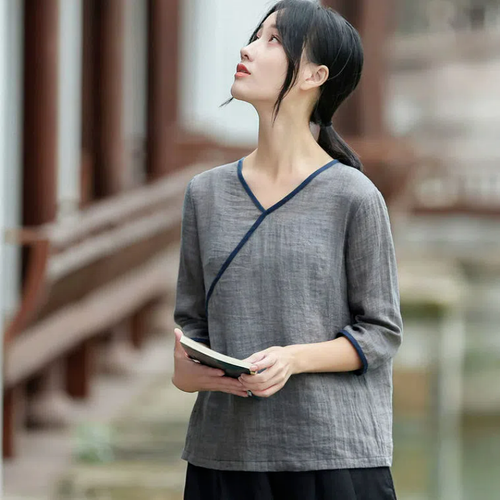 Damen Ethno Halbarm Oberteil V-Ausschnitt Hanfu Shirt Bluse Retro Tang Anzug Sommer  - Bild 1 von 8