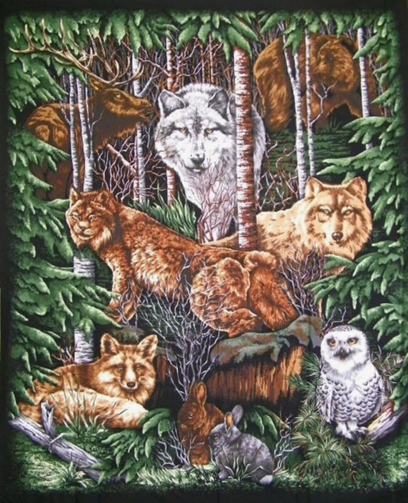 Forest Animals Wood Haven Quilt top Wall hanging Panel Fabric 100% Cotton