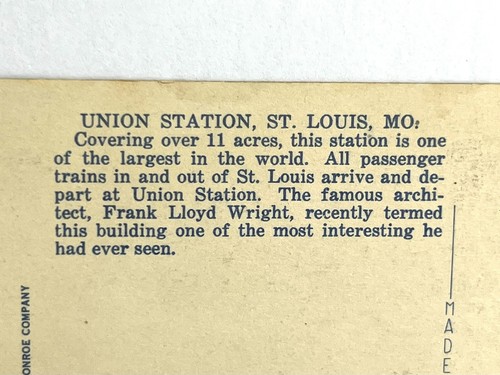 Union Station ST. Louis Missouri VINTAGE Postcard TRAINS TRANSPORTATIONS TICKETS - Picture 3 of 3