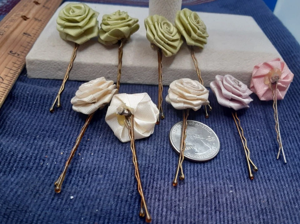 Pasador de pelo de colección Bobby Pin seda pastel rosa/verde rosa flor A249 Foto 3 de 4