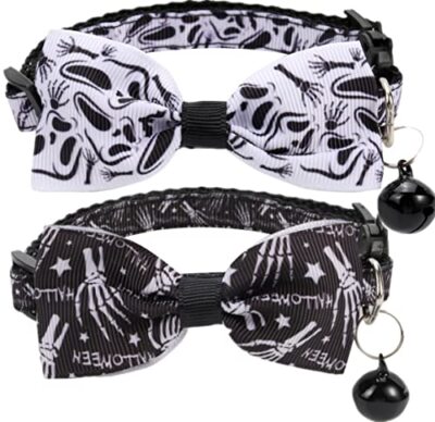 2 Pack Halloween Cat Collar Bowtie, Spooky Kitten Collar with Bell, Bow Tie 