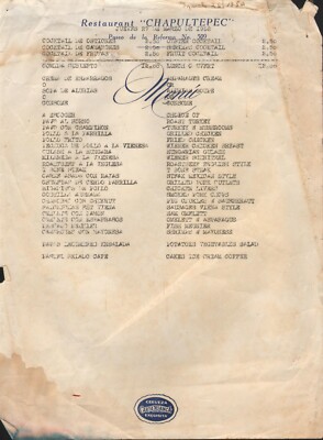 Vintage CHAPULTEPEC Restaurant Menu Carta Blanca Cerveza 1952
