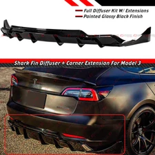 FOR 2017-2023 TESLA MODEL 3 BLACK PERFORMANCE REAR BUMPER DIFFUSER W/ EXTENSIONS