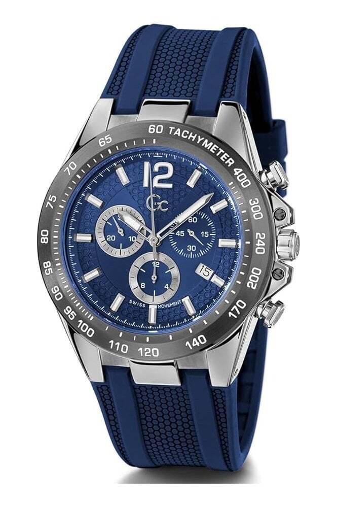 Montre Homme GC Chronographe Swiss Made - Cadran Bleu - Boîtier Acier, Bracelet Cuir