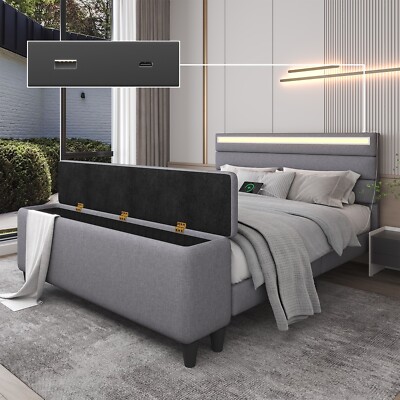 Upholstered Full Queen LED  Bed Frame with Storage Ottoman, Charging Station