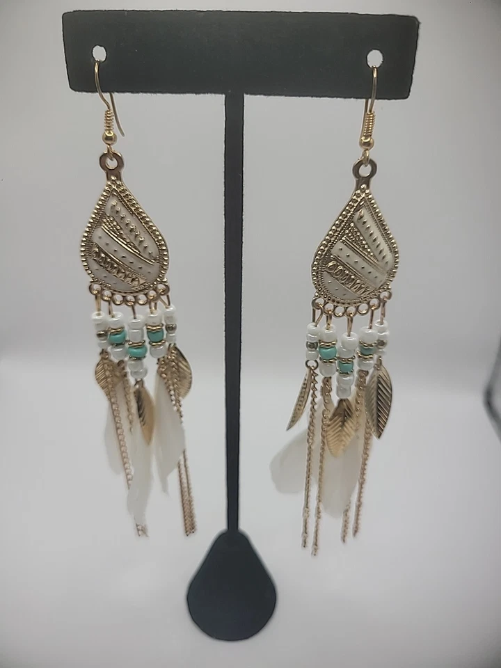 Gold Tone Hook Earrings Womens Drop Dangle Feathers Tassel Jewelry Costume - Image 4 of 4
