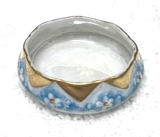 Vintage Blue Tiny Floral Hand Painted w Gold Open Salt Dip 1 3/4 x 1/2 Inch