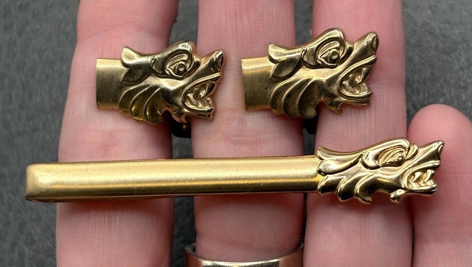 Vintage Pioneer Dragon Cufflinks Tie Clip Bar Men's Accessory Set Gold Tone