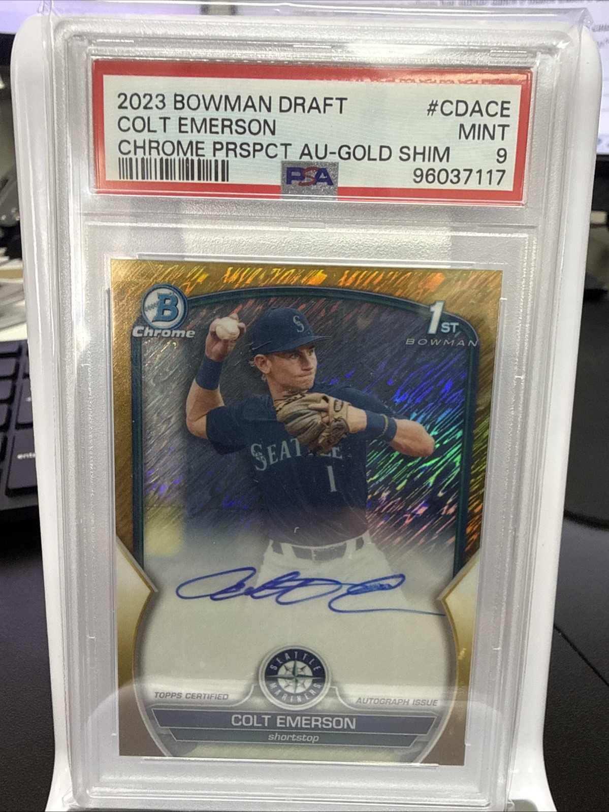 COLT EMERSON 2023 BOWMAN CHROME DRAFT 1ST GOLD SHIMMER AUTO /50 PSA 9 Q6964