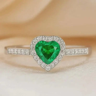 Herzschliff Grüner Smaragd & Moissanit Damenring 925 Silber Ringfassung - Bild 1 von 4