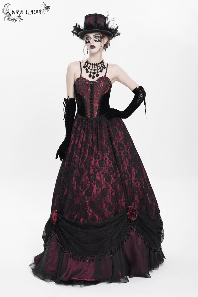 Red Gothic Floral Lace Velvet Beaded Long Slip Party Dress M