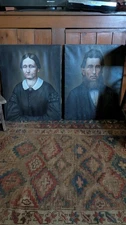 Pair Antique Early Primitive Gentleman Lady Oil Painting Canvas Portrait 24"