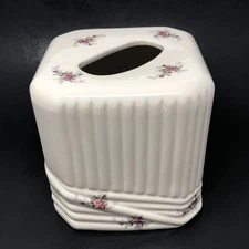 Vintage Ceramic Tissue Box Cover Roses Ivory Cream Cottagecore Shabby Unique