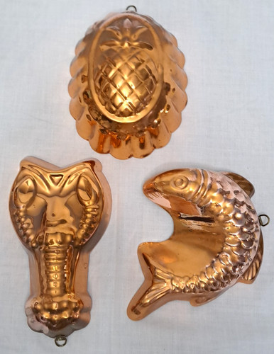 Lot of 3 Solid Copper Tin Lined Lobster, Pineapple, Fish Baking Molds 6" Decor