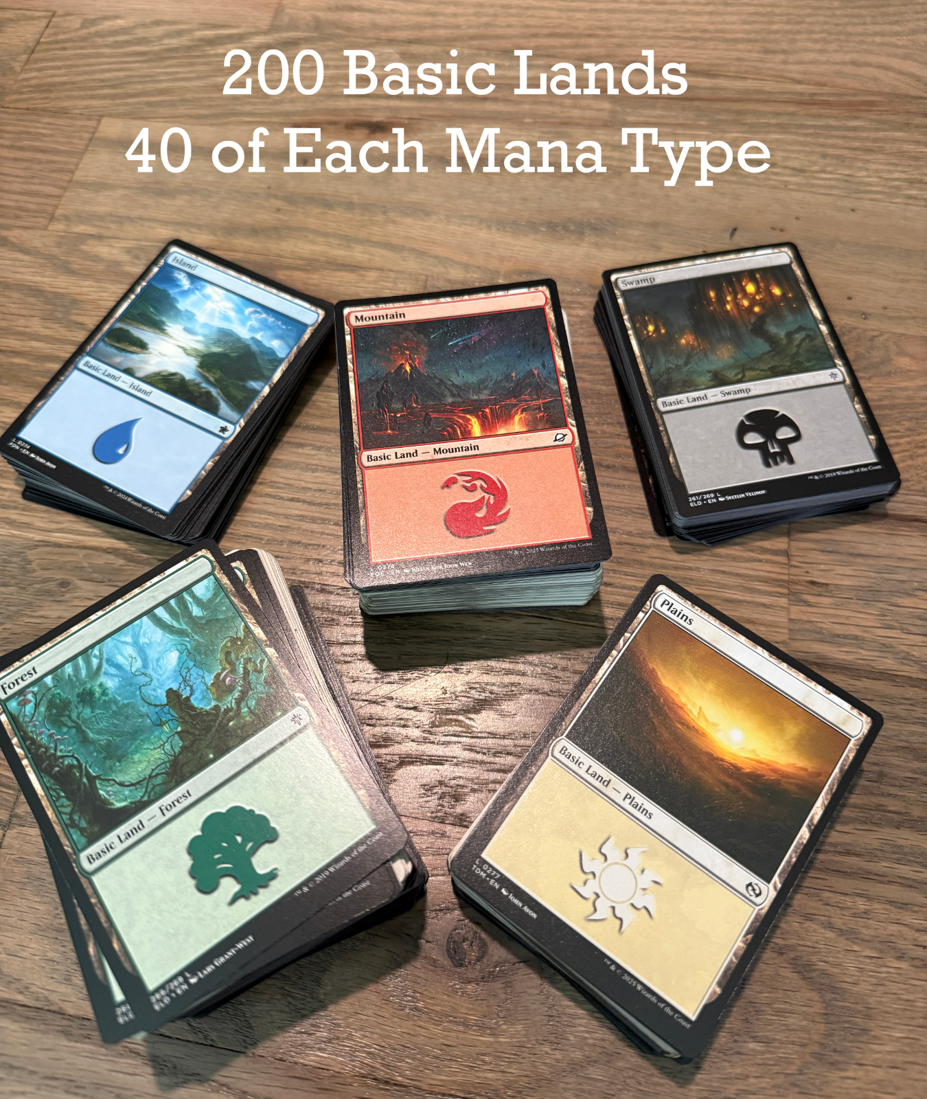 200 Magic the Gathering Basic Land Cards Lot - 40 of each Mana type ...